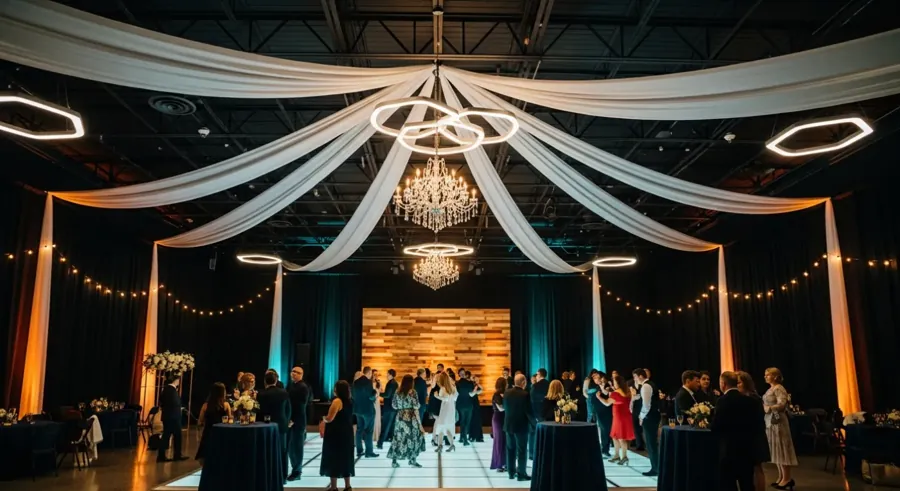 Celebration styling idea with draping, chandelier and illuminated dance floor