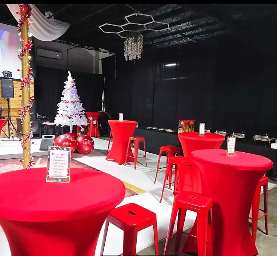 Holiday cocktail party styling with red linens