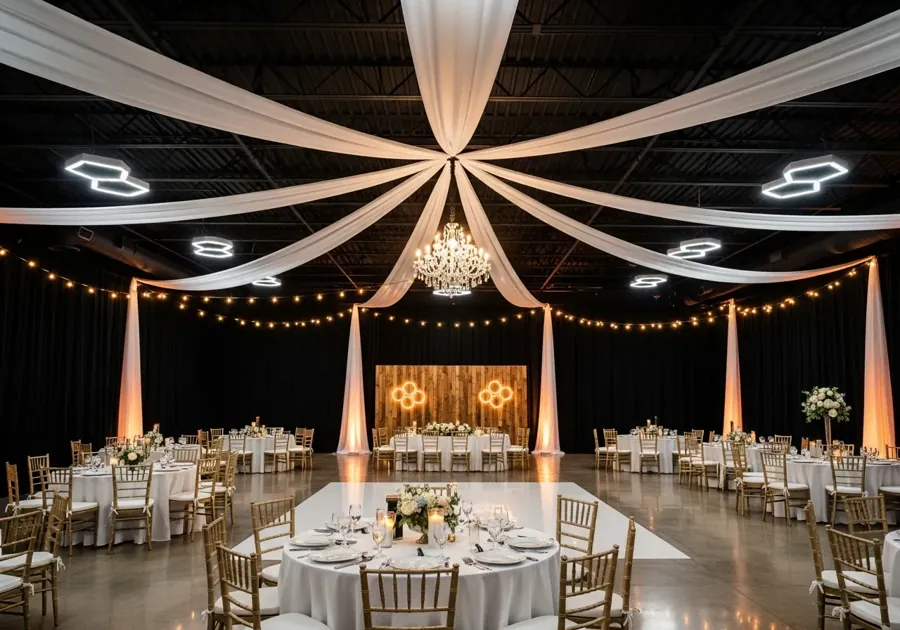 Wedding reception styling idea with draped ceiling and banquet tables
