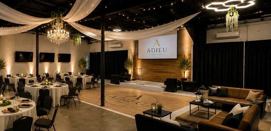 Adieu Event Space main room with stage, projection screen, dance floor and lounge seating
